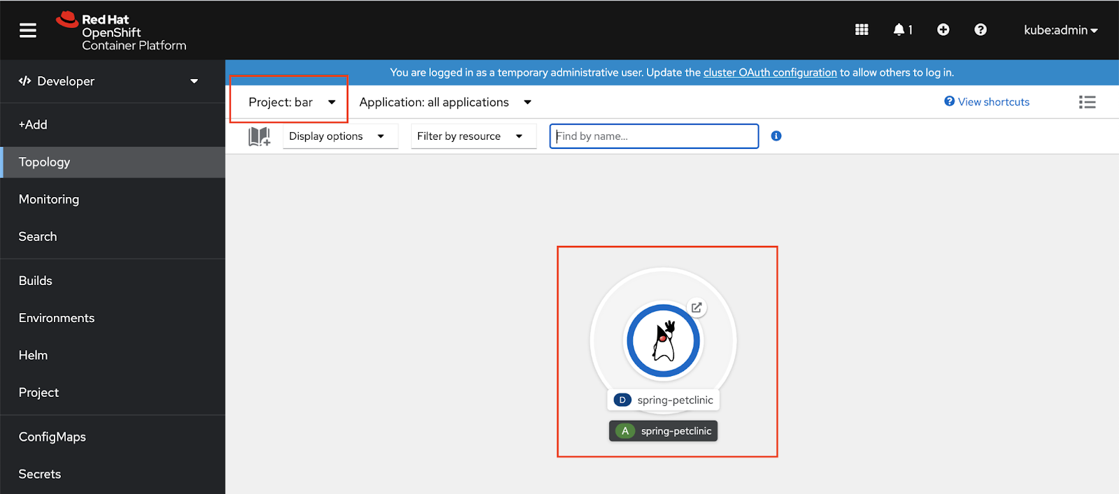 Screenshot of the developer perspective in OpenShift console showing the user workload in the namespace "bar" has successfully deployed.