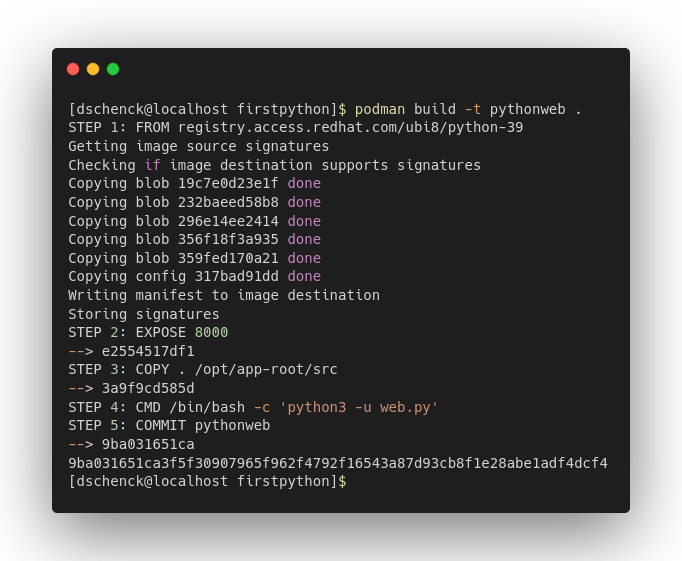 Results of running the command 'podman build'.