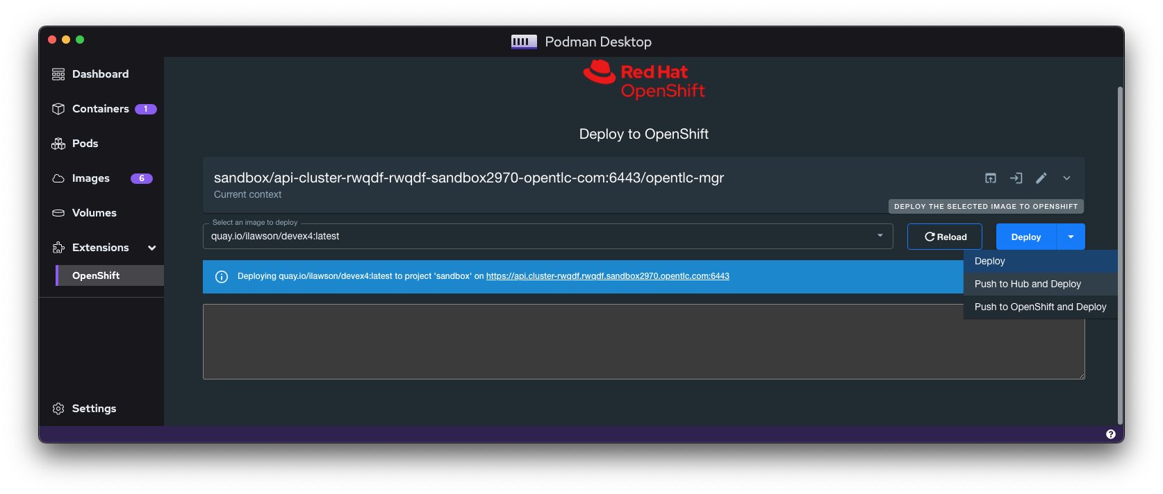 Podman deploy to OpenShift dialog
