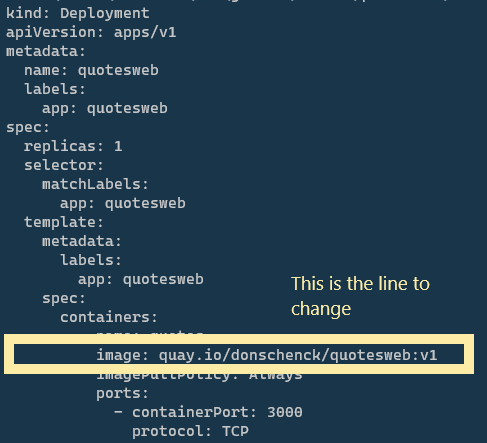 quotesweb deployment yaml file with image highlighted