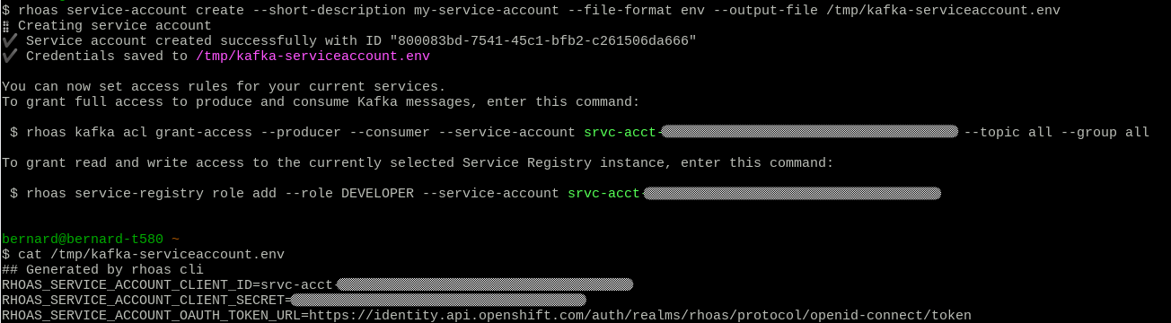 The output of the `rhoas serviceaccount create` command.