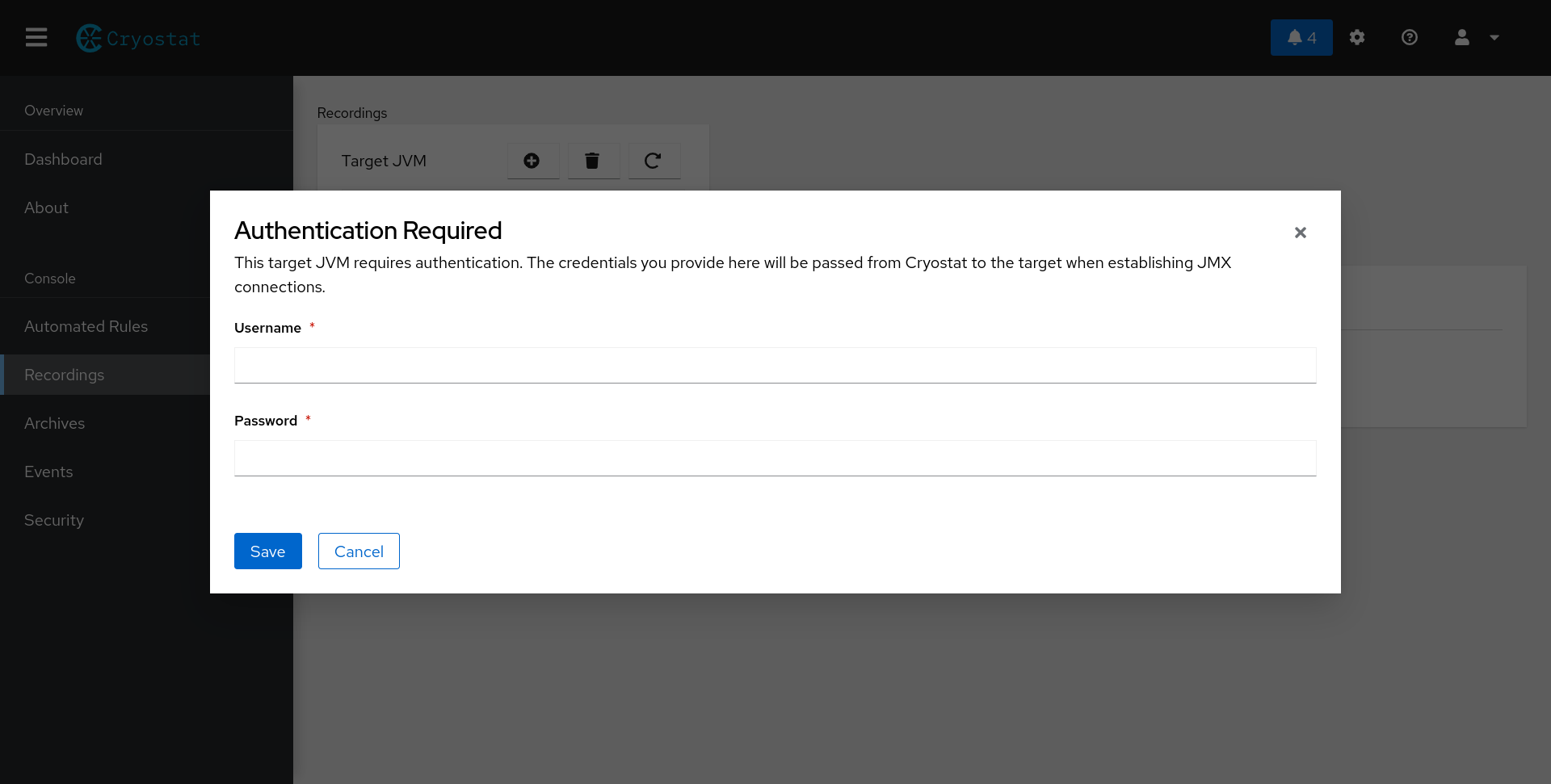 When navigating to the Recordings tab and selecting a target JVM for which Cryostat does not have stored credentials, an authentication modal form appears for you to store JMX credentials. 