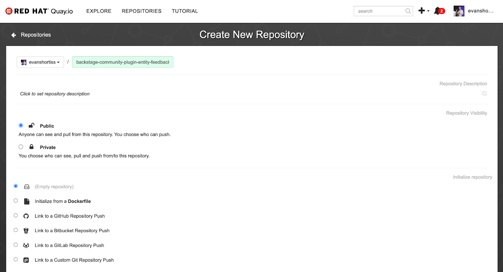 A screenshot showing how to create an empty repository on Quay.io