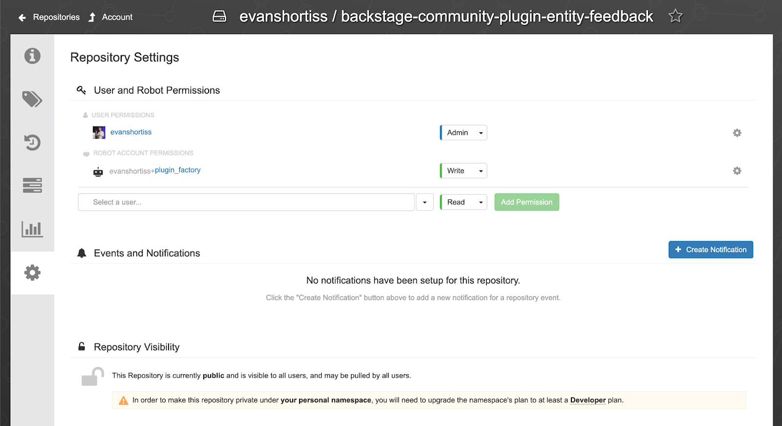 Setting the Quay repository visibility to public in the web UI