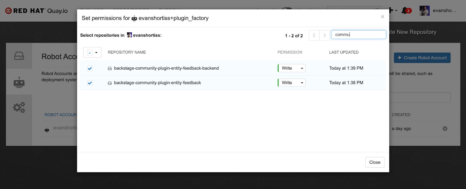Screenshot showing how to set Quay Robot Account permissions