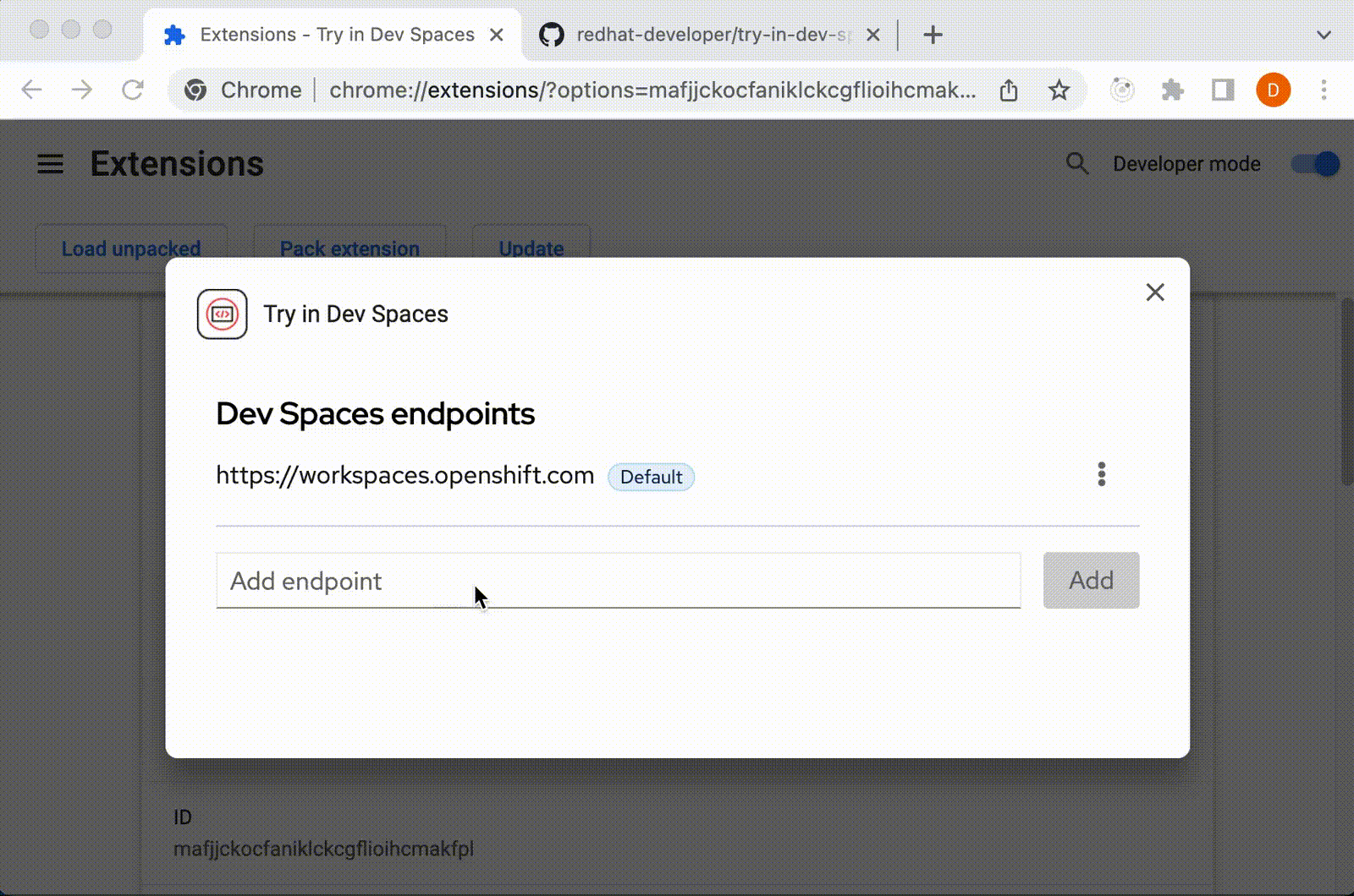 A demo of how to use the Dev Spaces button, adding new Dev Spaces endpoint and creating a workspace.