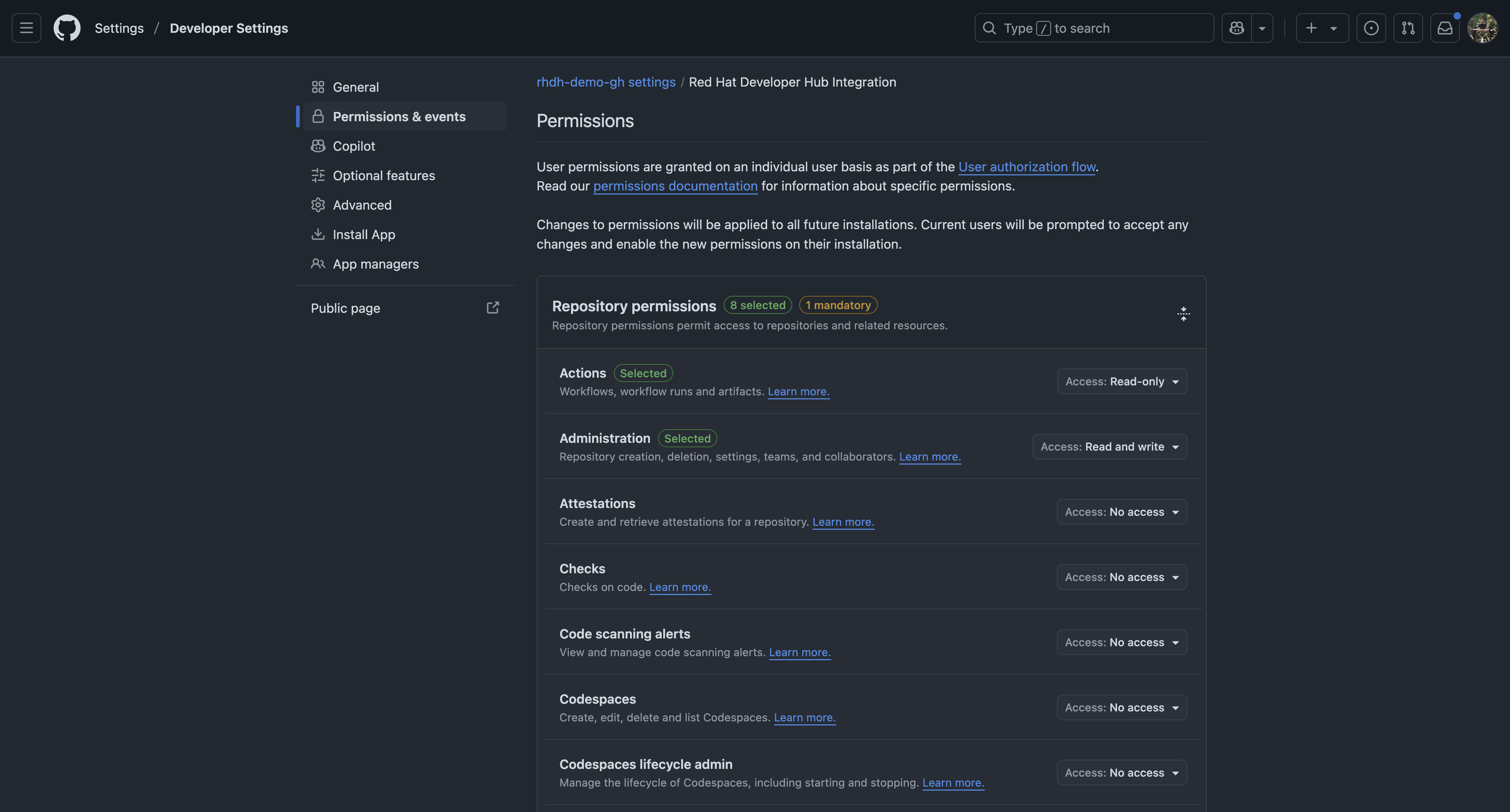 Permissions and events settings for a GitHub App