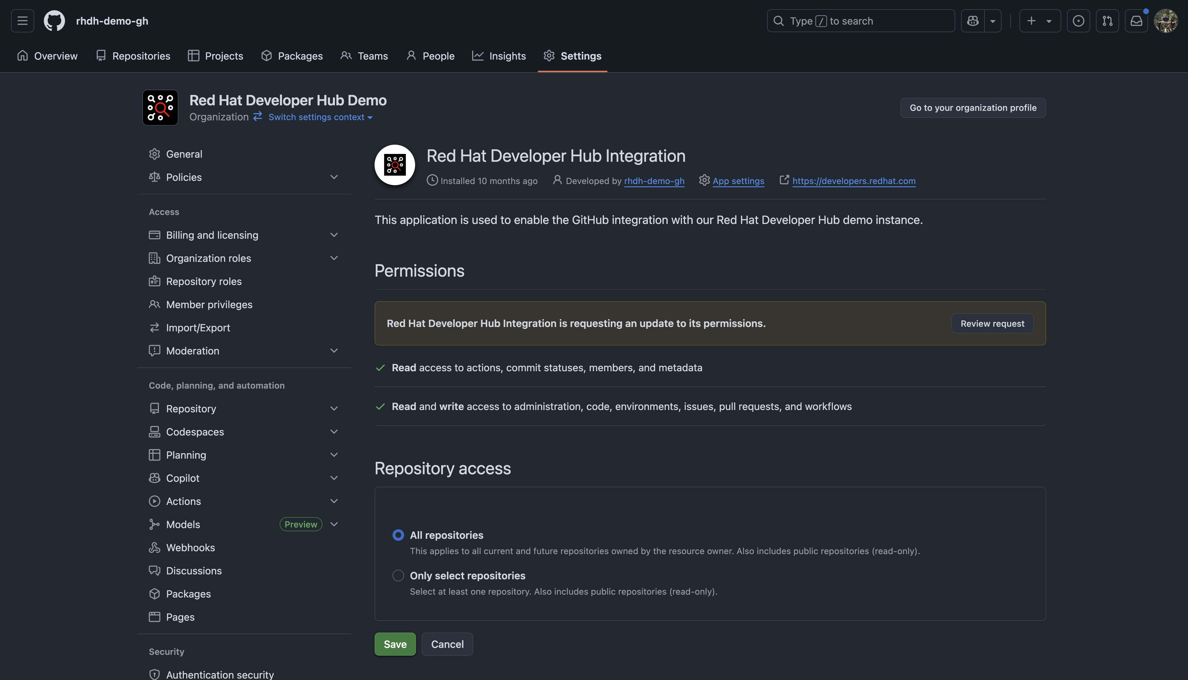 Accepting updated permissions for an installed GitHub App in a GitHub Organization's settings.