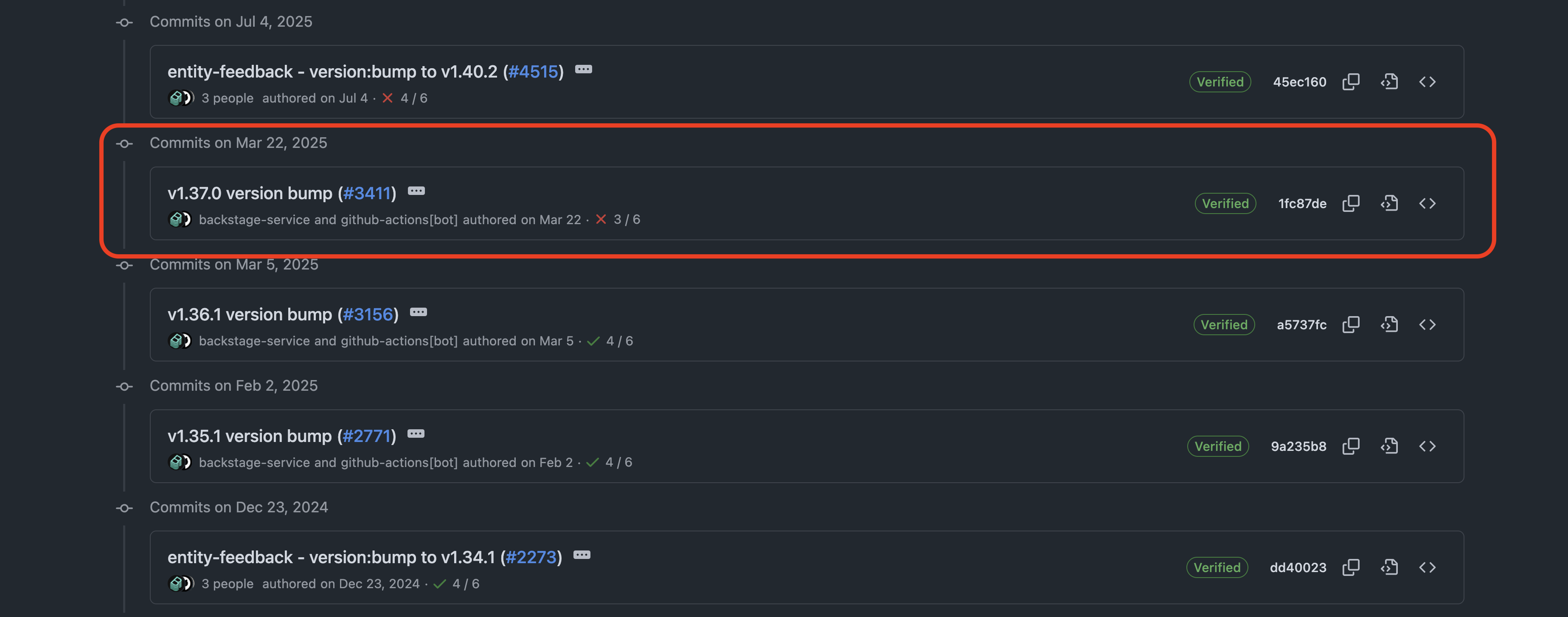 The commit history for the backstage.json file in the Entity Feedback Plugin