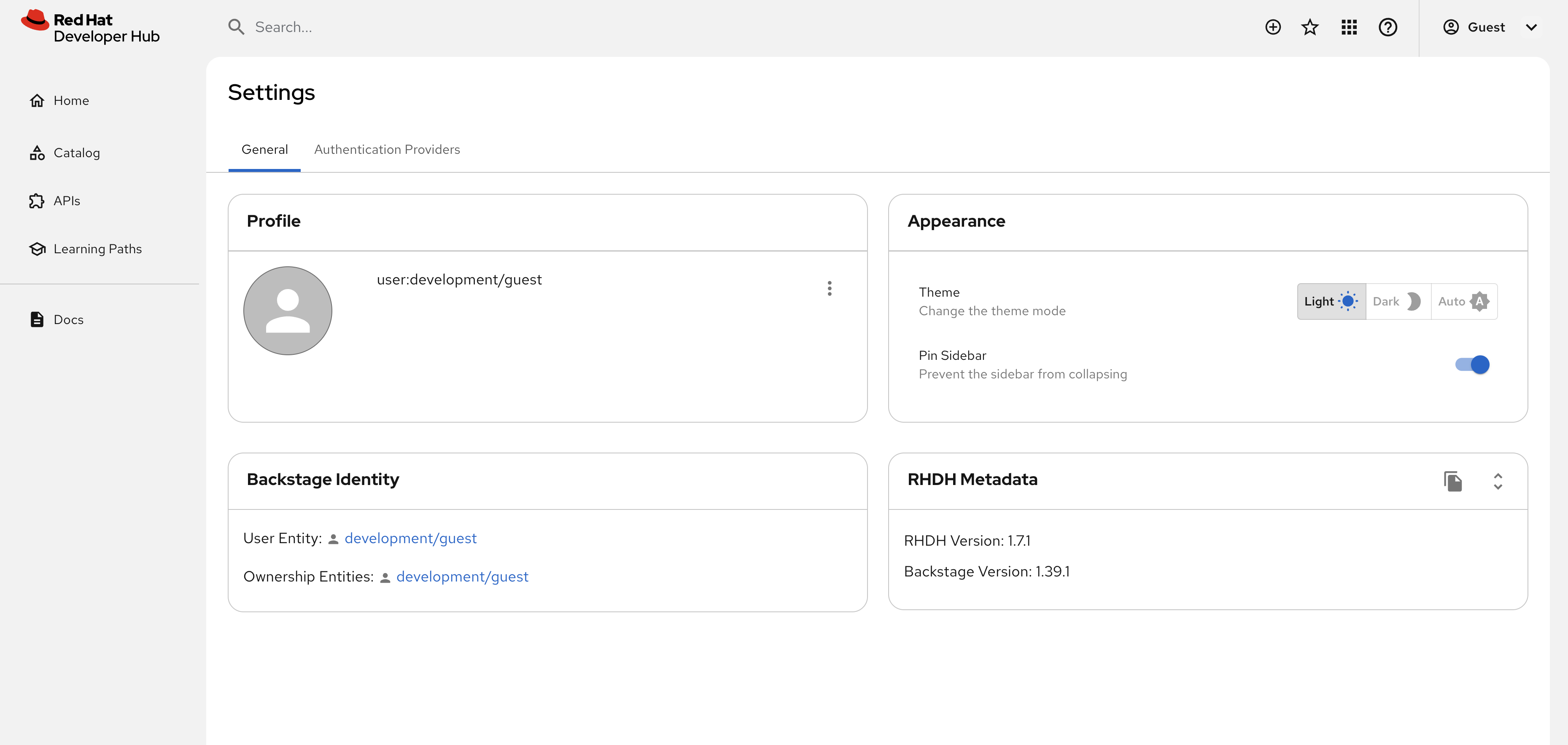 The settings screen in Red Hat Developer Hub v1.7.1