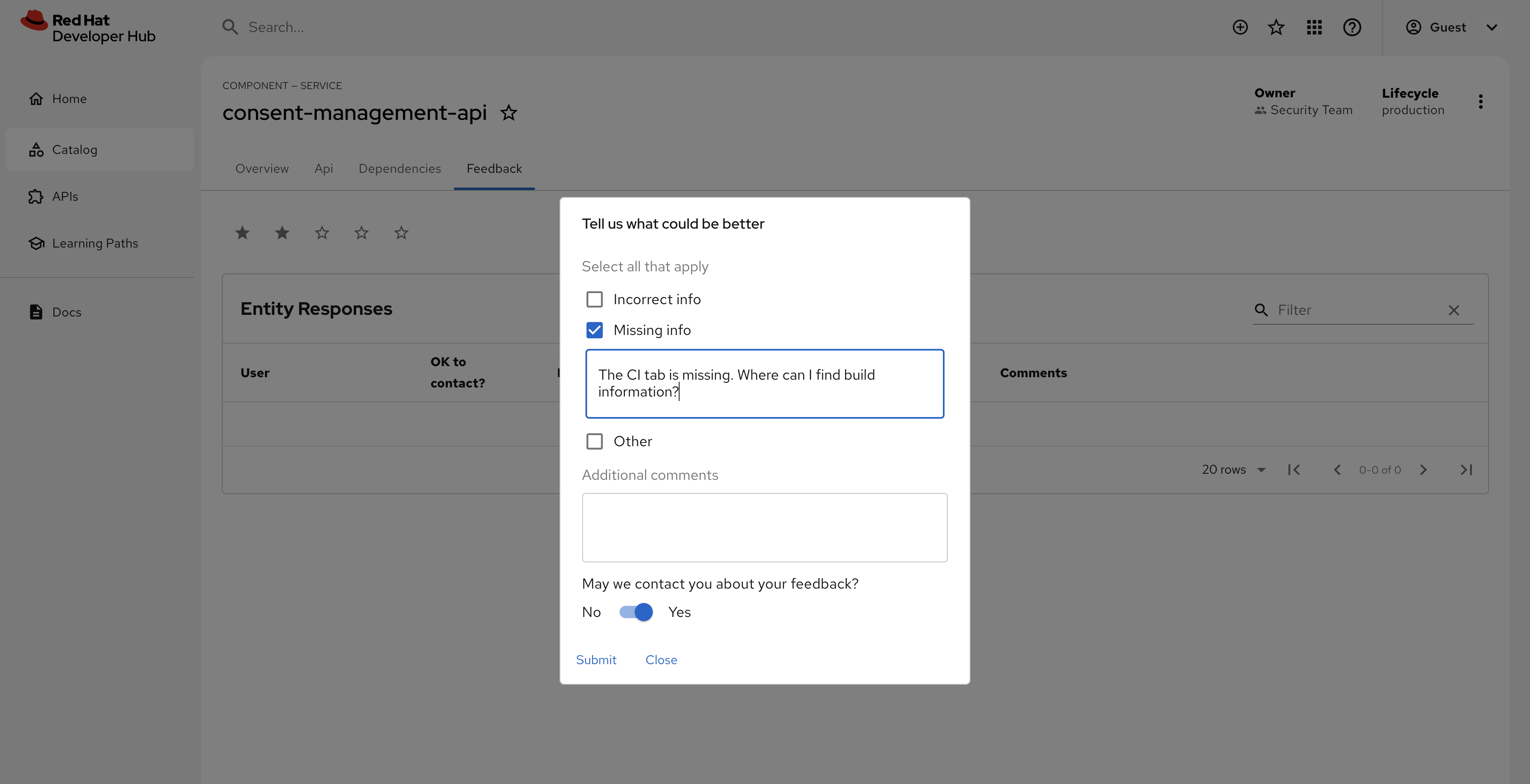 Entity Feedback Form as seen in Red Hat Developer Hub