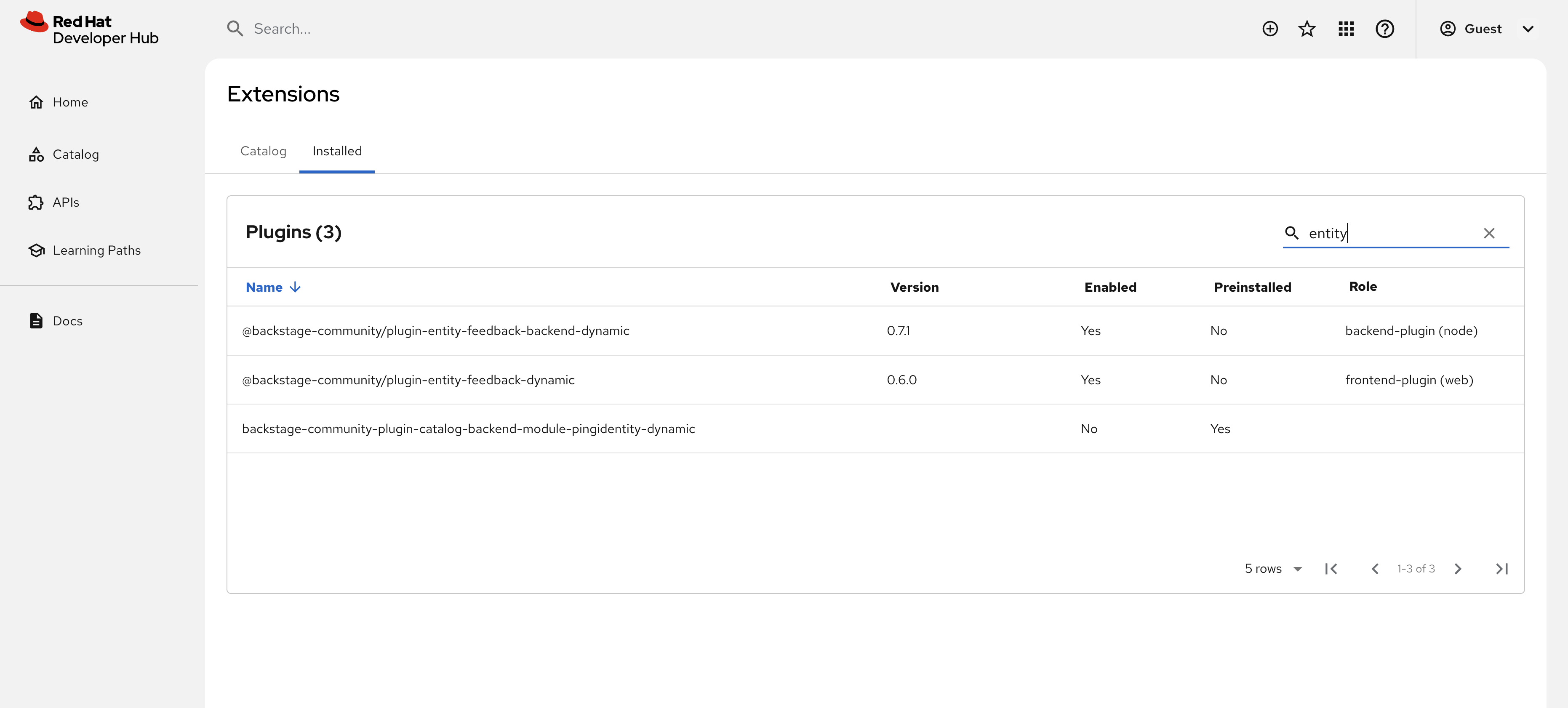 The new Entity Feedback plugins listed in Red Hat Developer Hub Extensions UI