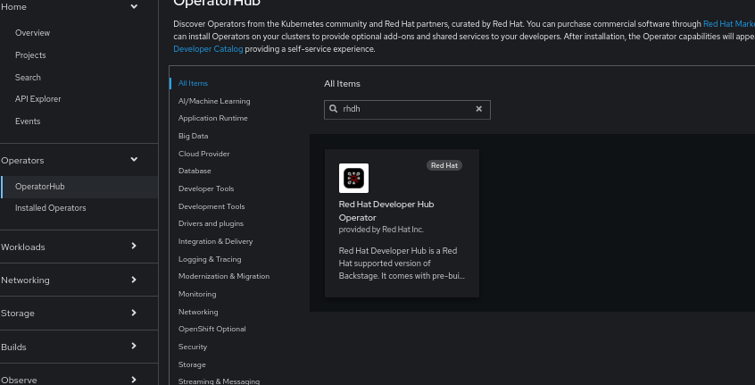 OperatorHub > Red Hat Developer Hub Operator.