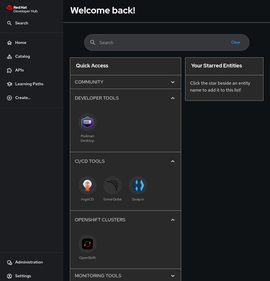 Red Hat Developer Hub main page reading Welcome back! at the top.