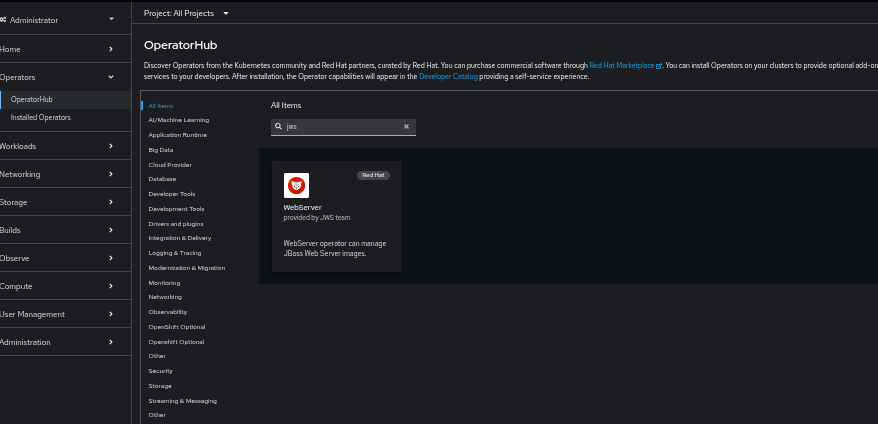 Install JWS Operator via the Openshift OperatorHub