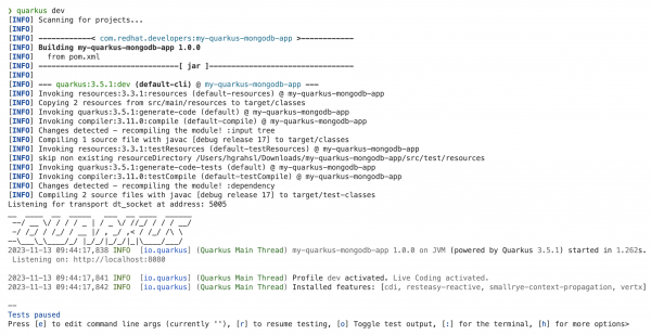 Screenshot of terminal while launching quarkus application in dev mode