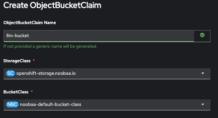 OpenShift Data Foundation console showing a form to create an ObjectBucketClaim with fields prefilled for llm-bucket, StorageClass, and BucketClass.