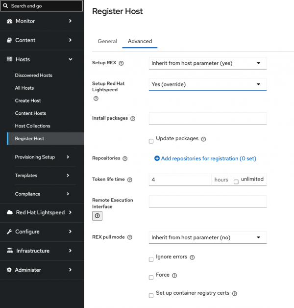 The Register Host page in Red Hat Satellite.