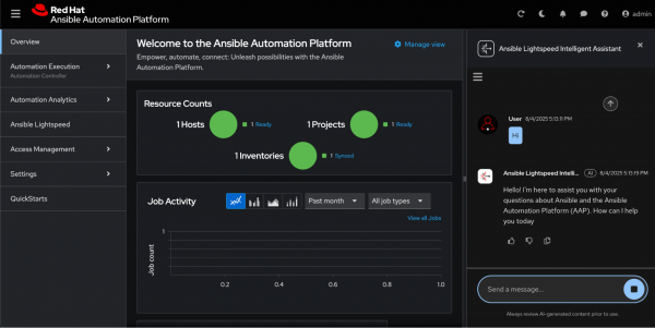 Ansible Lightspeed Intelligent Assistant panel displaying a conversation history and a text input field.