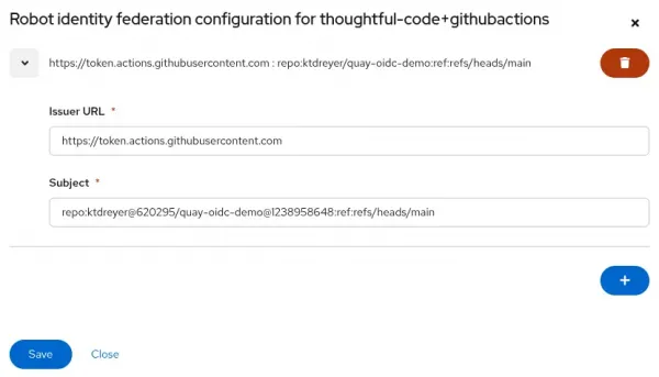 Quay robot identity configuration settings showing the GitHub issuer URL and subject.