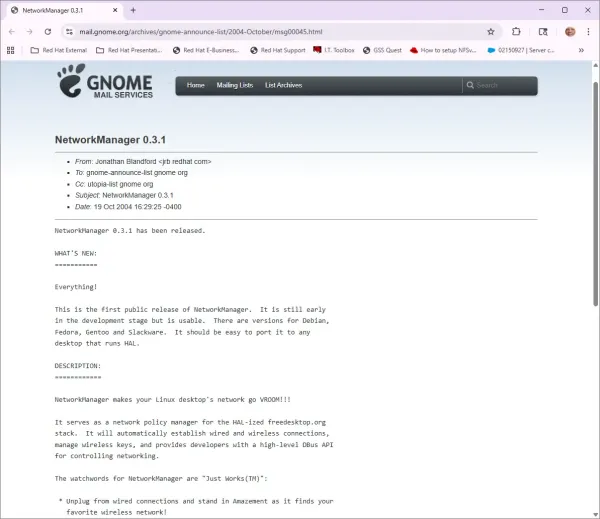 Screenshot of the original NetworkManager announcement in 2004.