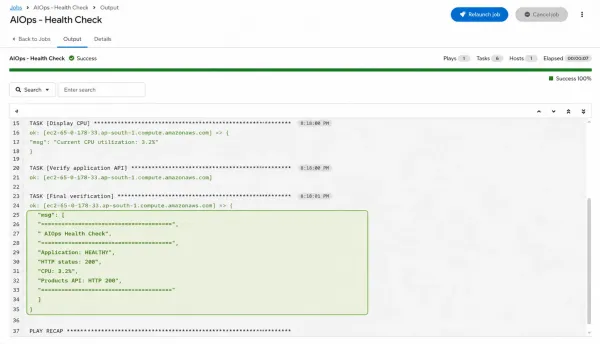 The Ansible health check confirms that the application has recovered.
