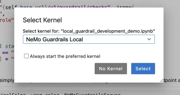 Choose the NeMo Guardrails Local kernel in the Jupyter Notebook user interface.