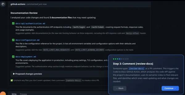 The GitHub Action analyzes the code diff and posts a review listing which documentation files need updates, with checkboxes for the reviewer to accept or reject each suggestion. This image is from the interactive demo.