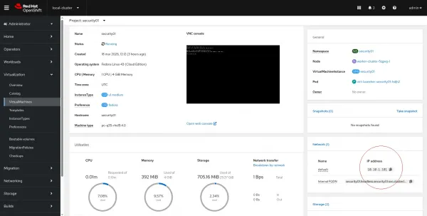Details about a virtual machine, with the IP address circled in red.