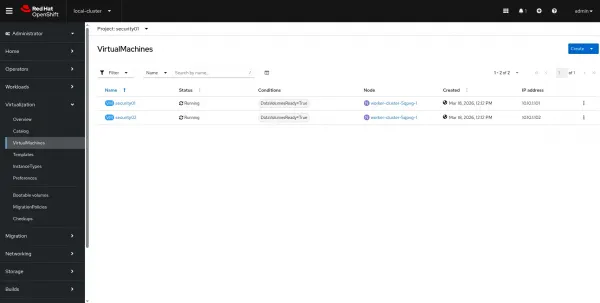 A view of virtual machines in Red Hat OpenShift console.