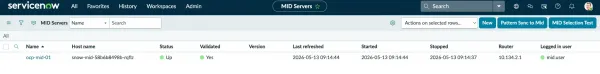 ServiceNow MID server record detail view with the Validate action for the in-cluster OpenShift MID server.