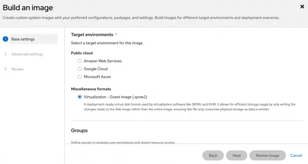 Select your target environment in the image blueprint creation wizard.