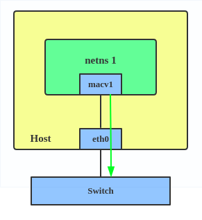 A diagram of a host with one network namespace, netns 1, containing a macv1 interface connected directly to the physical eth0 interface via a solid green arrow to represent passthru mode.