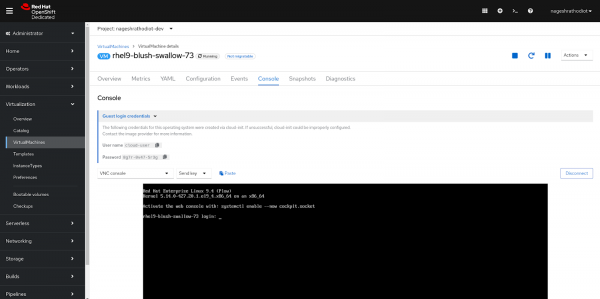 Logging to the virtual machine using the console.