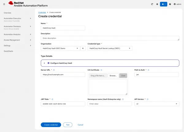 The HashiCorp Vault Secret Lookup (OIDC) form is accessible in the Red&nbsp;Hat&nbsp;Ansible Automation Platform web interface.