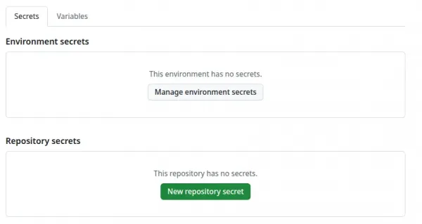 GitHub repository settings page showing zero stored secrets in both the environment and repository categories.