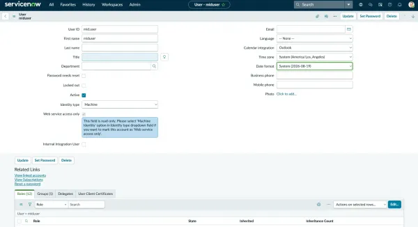 ServiceNow user administration form creating the mid.user MID server account.