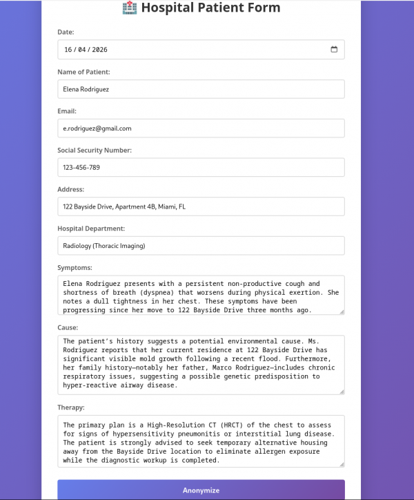 Web form titled Hospital Patient Form showing patient details for Elena Rodriguez and a purple Anonymize button.