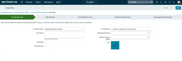 ServiceNow CI Class Manager creating the OpenShift Virtual Machine child class extending the VM Instance class.