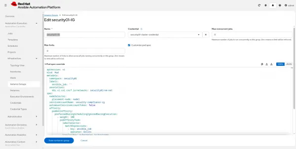 Customizing the IntanceGroup in Red Hat Ansible Automation Platform.