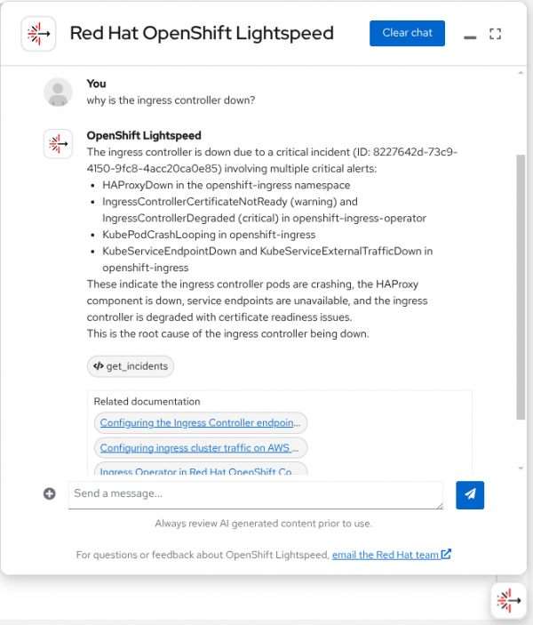 Root-cause analysis with OpenShift Lightspeed and incident detection