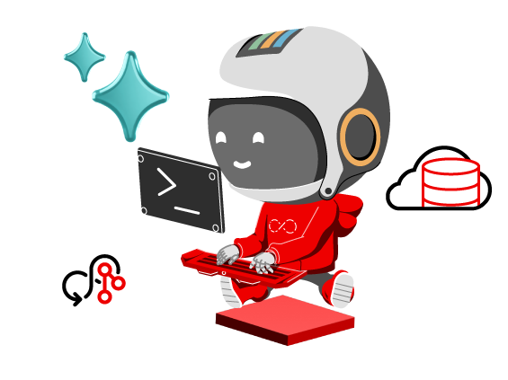 Friendly robot developer codes on laptop, connected to a database, with sparkling stars and a sense of motion.