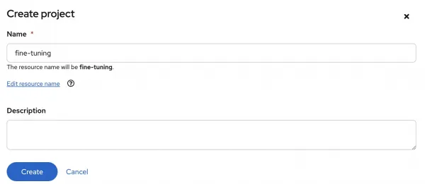Create project form showing name and description fields.