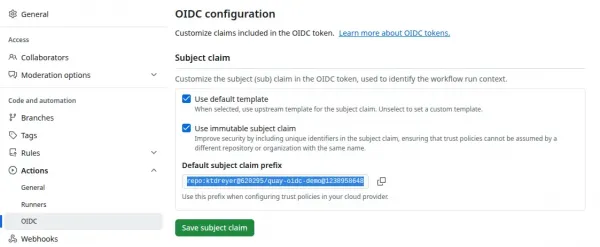 GitHub repository OIDC settings page showing the immutable subject claim prefix.