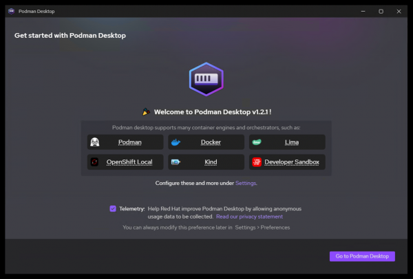 Podman Desktop Welcome Page