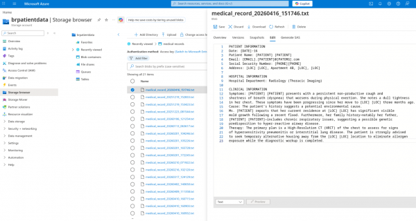 Azure Blob Storage browser displaying a text file containing anonymized patient data placeholders.