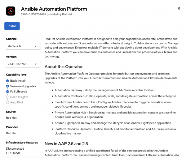 Ansible Automation Platform operator details page showing the Install button.