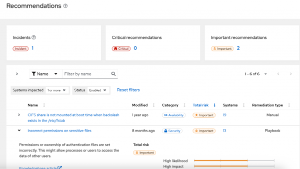 The Recommendations page shows a summary of information and two configuration issues affecting this environment.