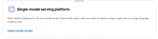 The option to select the recommended single-model serving platform method. The user interface instructs the user to choose this option when you want to deploy a large model such as a large language model (LLM).