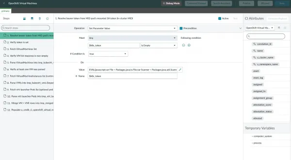ServiceNow Pattern Designer showing the completed Cloud Resource Discovery Pattern steps for OpenShift Virtual Machines.